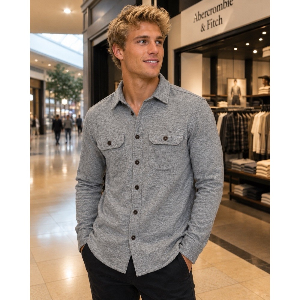 Abercrombie & Fitch Muscle Fit Gray Button Shirt Men's Large Slim Casual Pockets